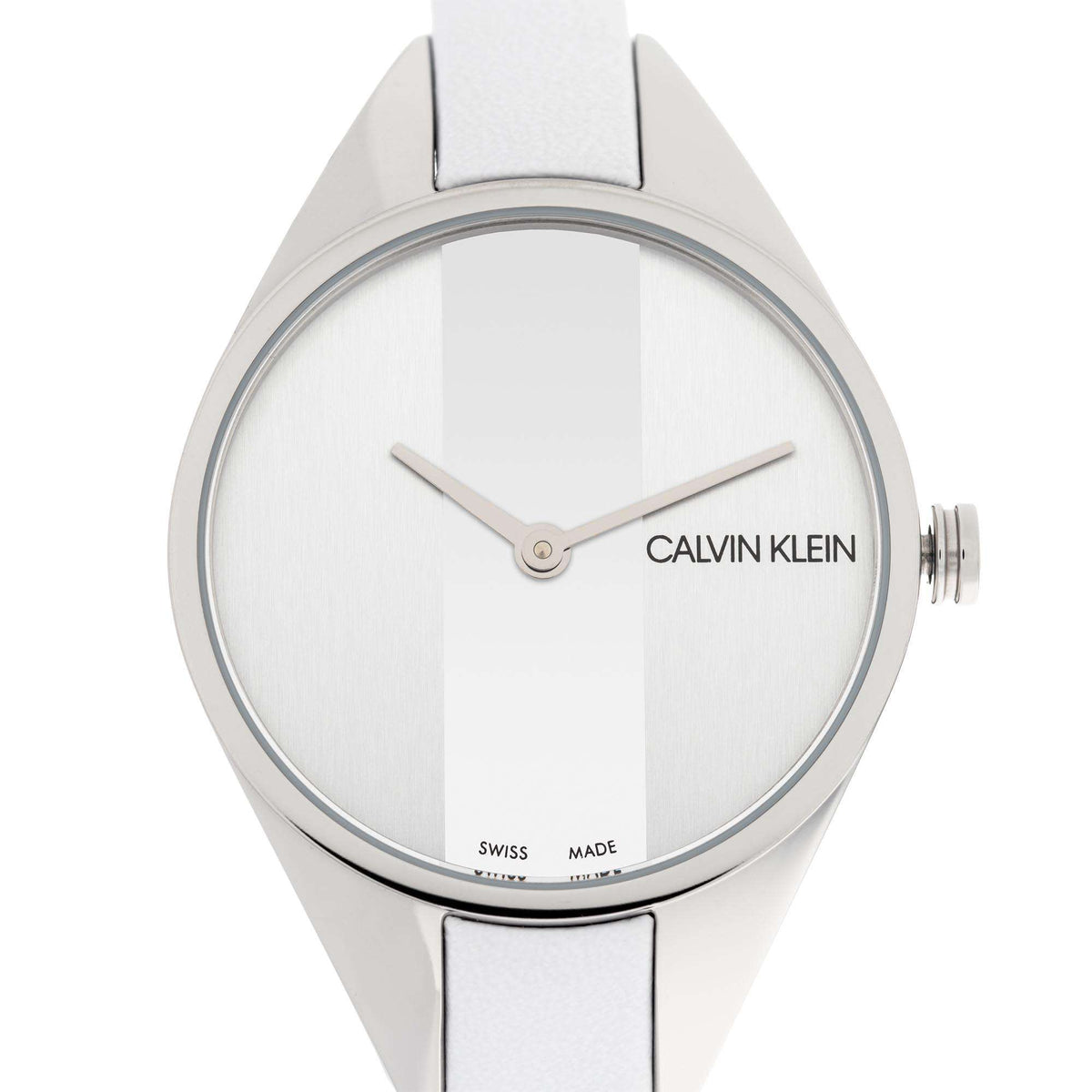 Calvin Klein dial close-up with silver hour markers and logo at 3 o'clock