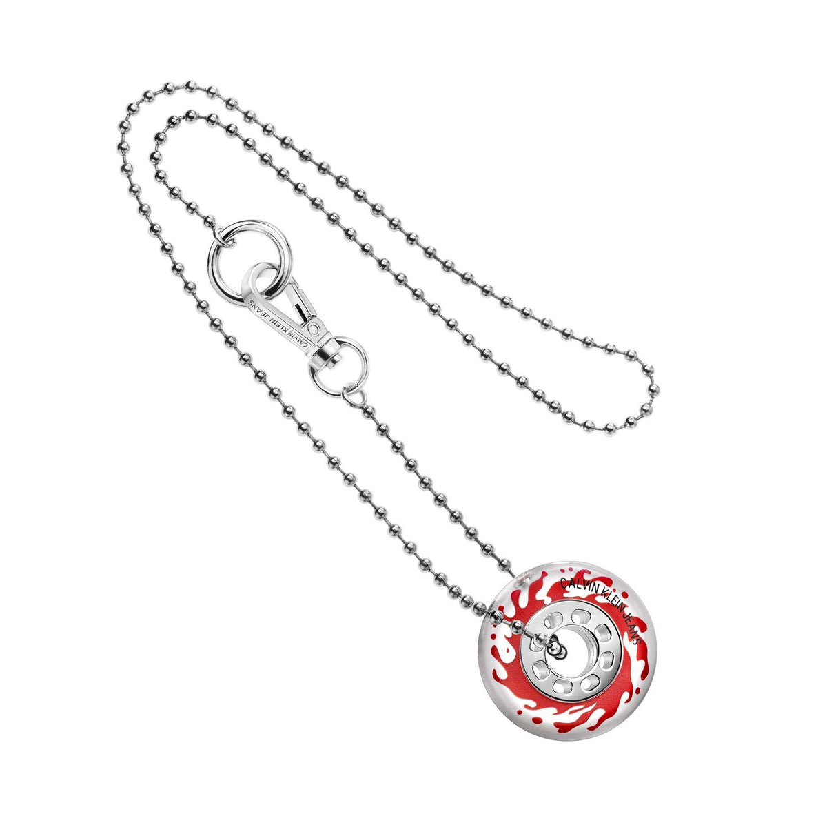 Stainless steel pendant necklace with red round charm and silver musical instrument icon