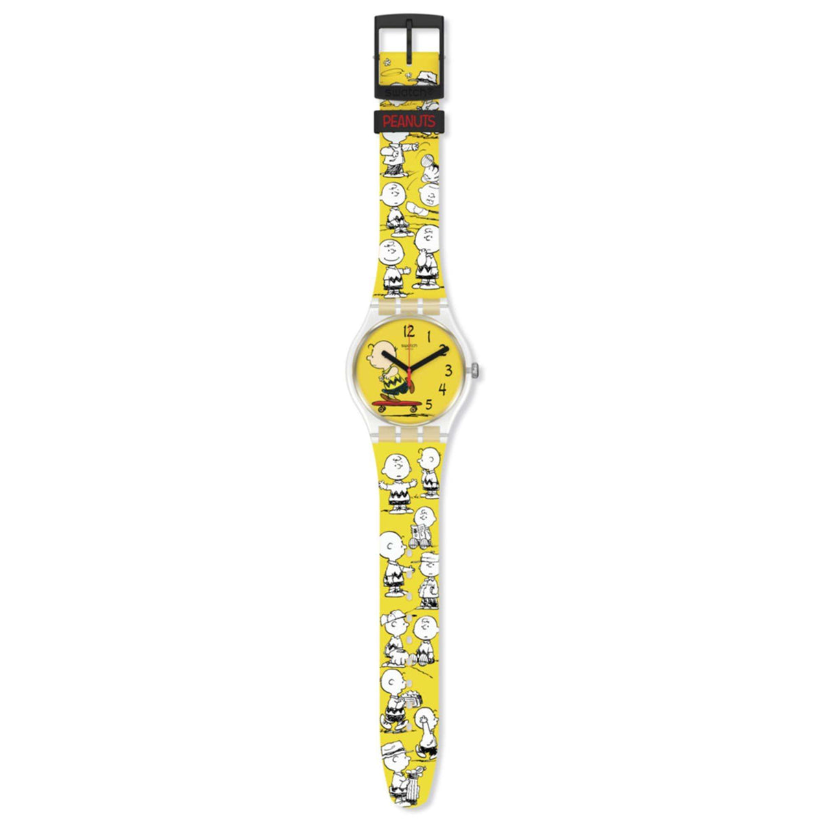 Peanuts character Swatch watch with long patterned silicone strap and yellow dial