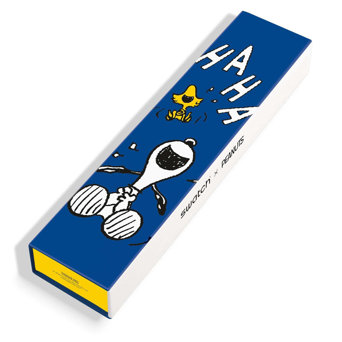 Blue Swatch watch box with Peanuts Snoopy and stars graphics