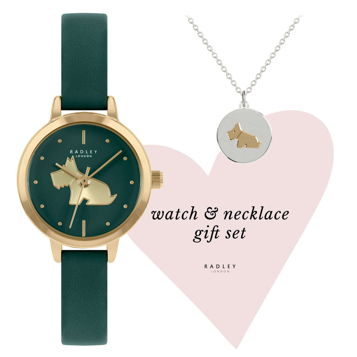 Watch and necklace gift set: teal leather quartz watch plus silver round dog pendant chain