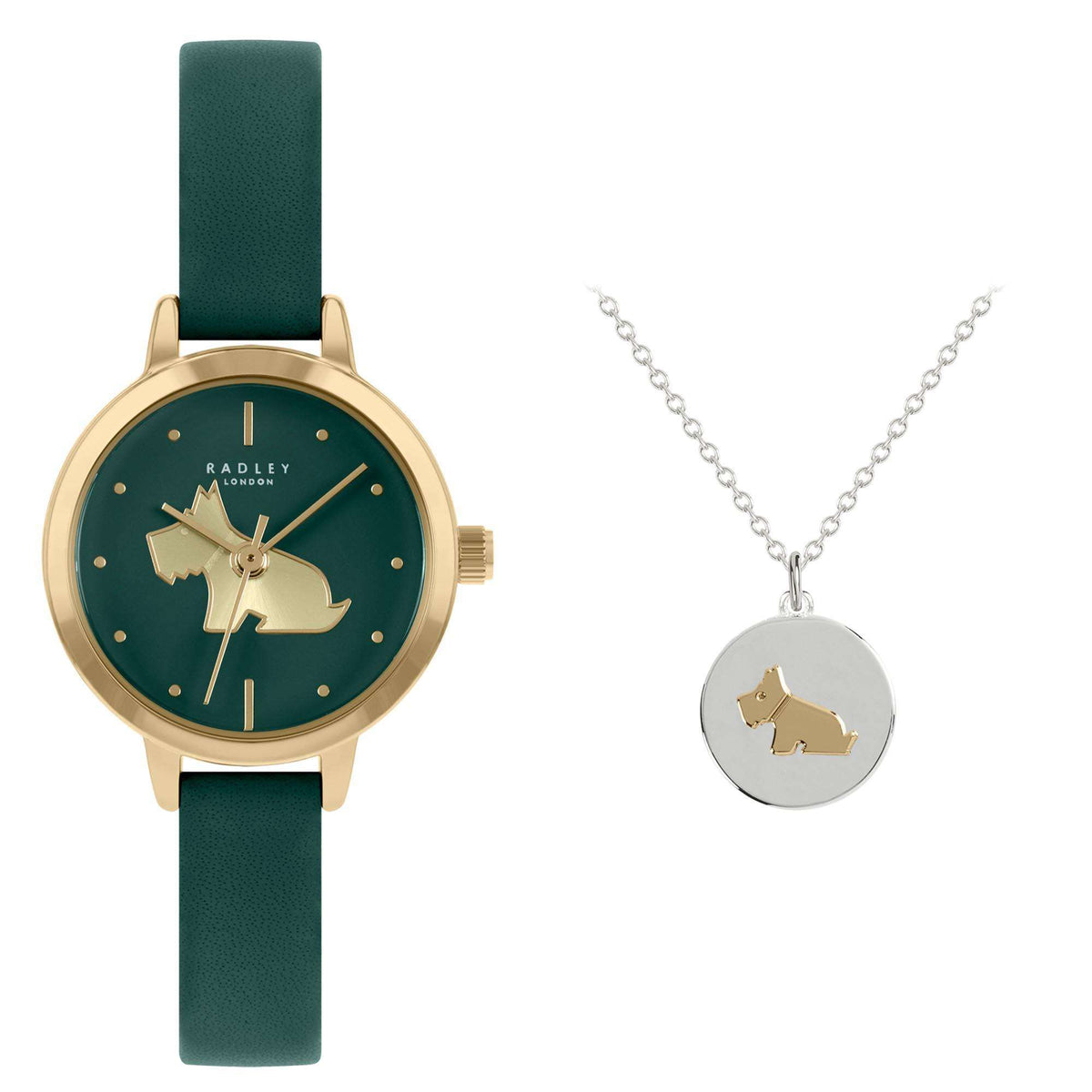 Teal leather quartz watch with gold case and green dial, paired with silver dog pendant necklace