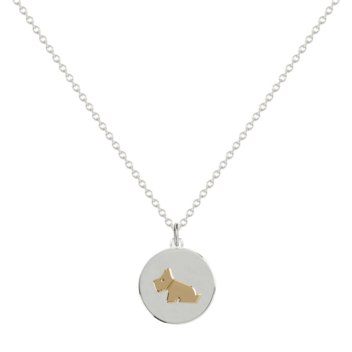 Silver round dog silhouette pendant on fine chain necklace
