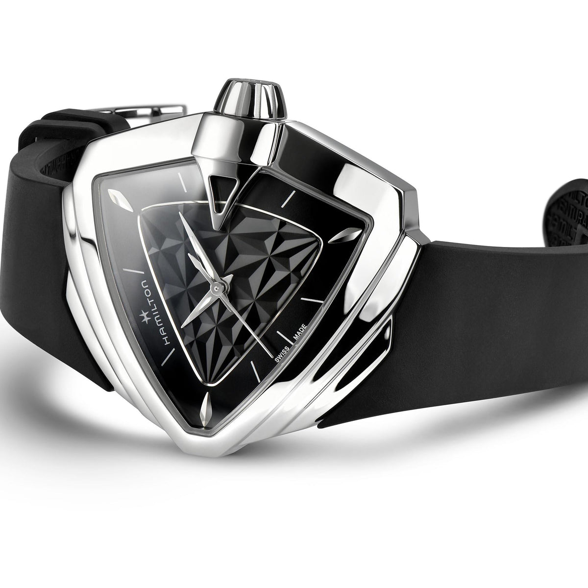 Ventura quartz wristwatch with geometric black dial, silver-toned case, black rubber band