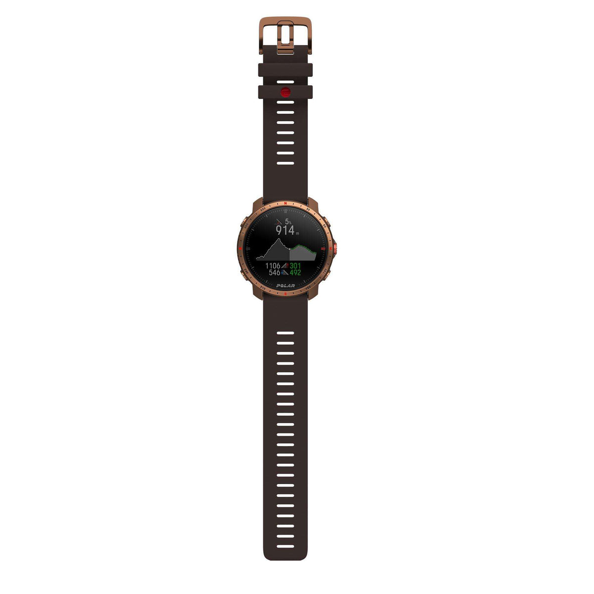 Mens smartwatch on extended dark silicone strap, showing clasp and charging port area.