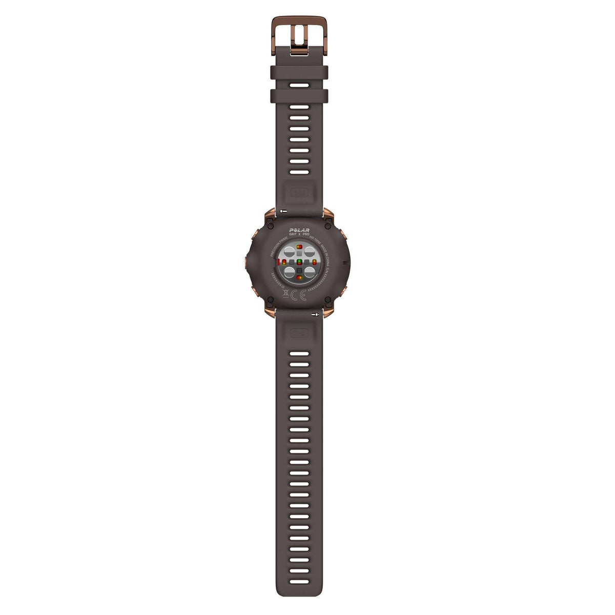 Front-on view of sports smartwatch with dark silicone strap and copper-tone bezel.