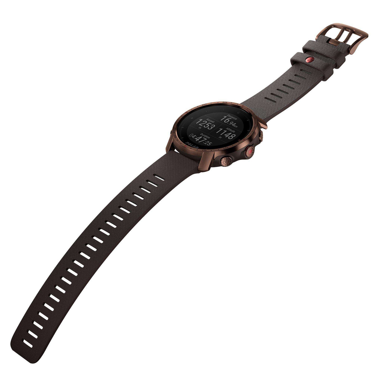 Men's smartwatch with brown strap, copper case, black dial and digital display