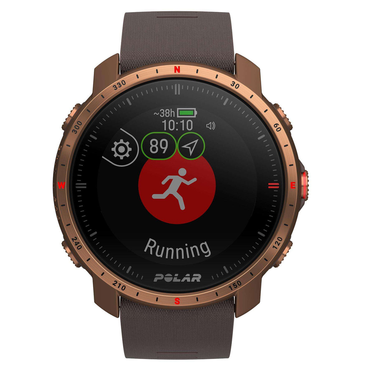 Men's smartwatch with brown strap, copper bezel, black display showing Running activity