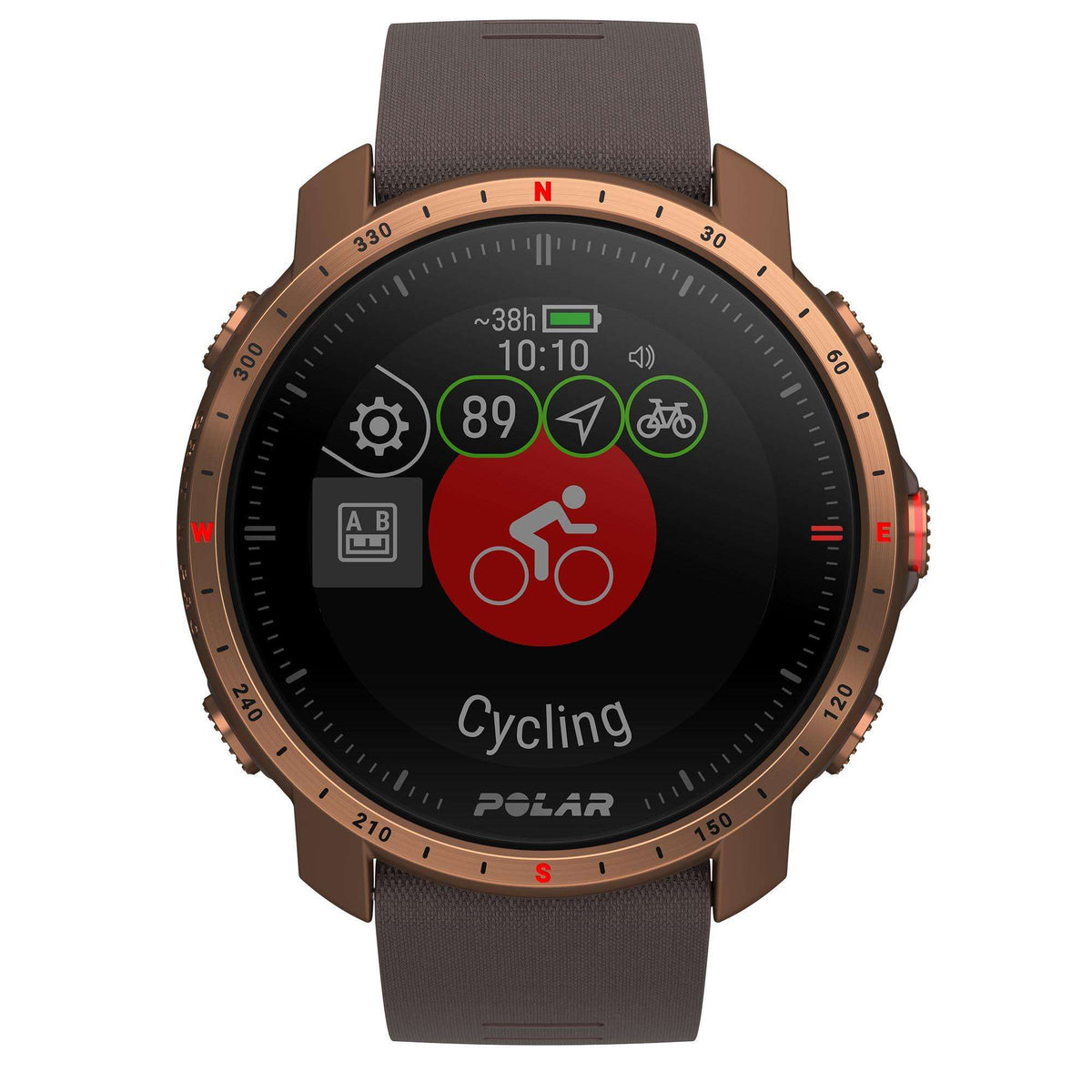 Men's smartwatch with brown strap, copper bezel, black display showing Cycling