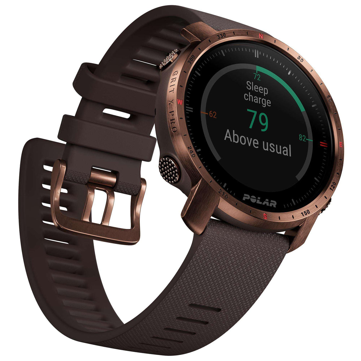 Men's smartwatch with brown strap and buckle, black display showing charge /9