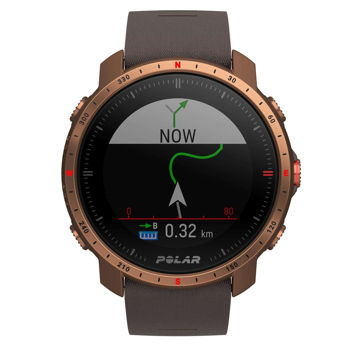 Round men's smartwatch showing “NOW” on black dial with brown synthetic strap