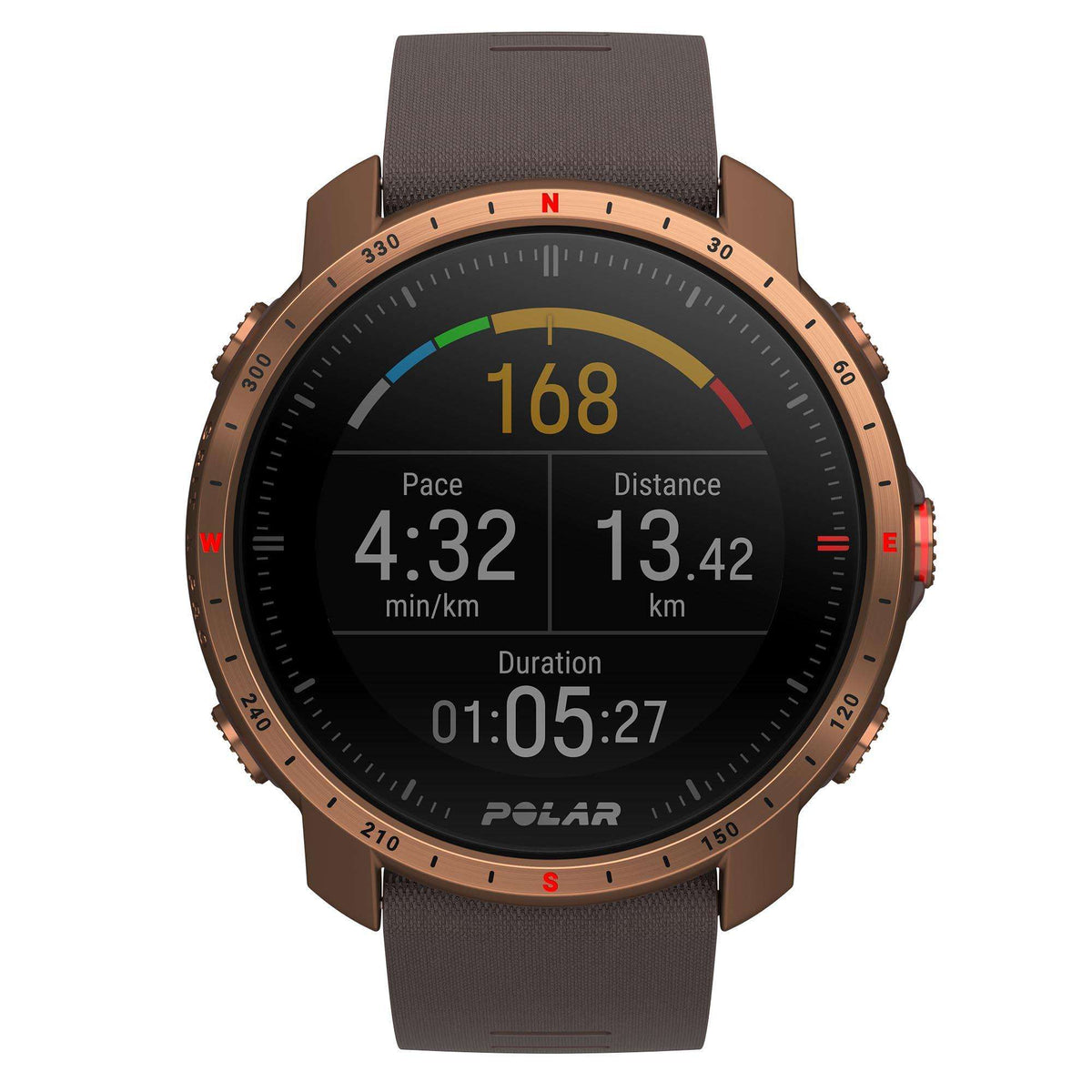 Men's smartwatch front display with “Pace” and “Distance” on black dial