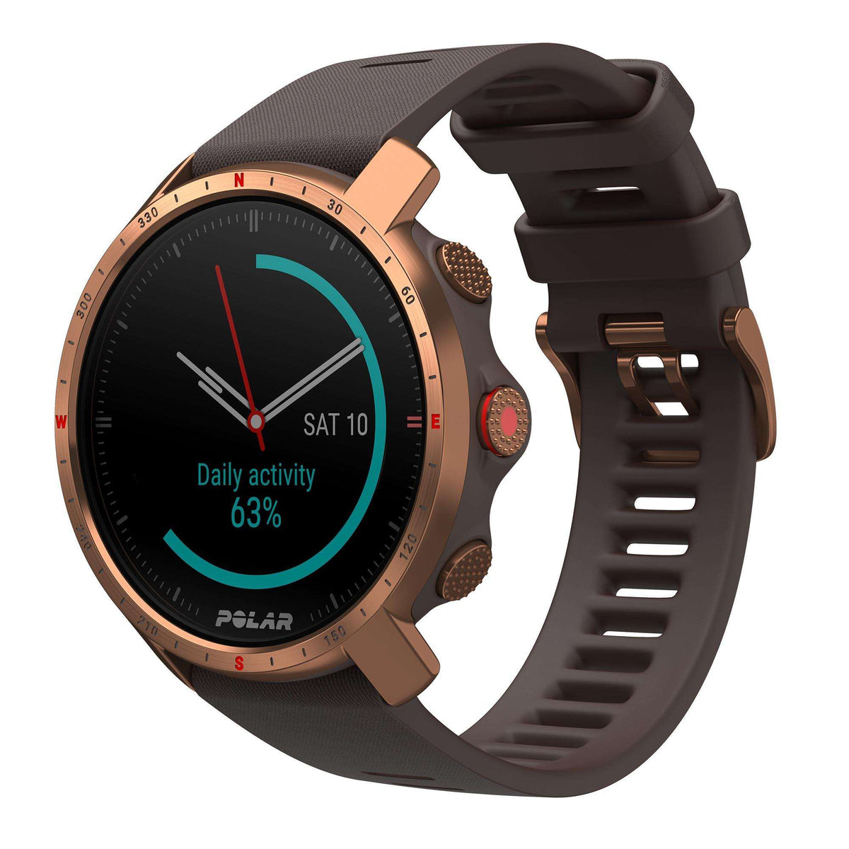 Men's smartwatch angled view with black dial, copper bezel, and dark synthetic strap