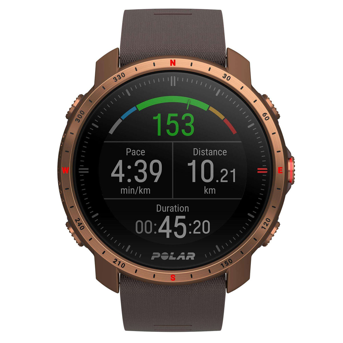 Men's smartwatch front display with “Pace,” “Distance,” and “Duration” on black dial
