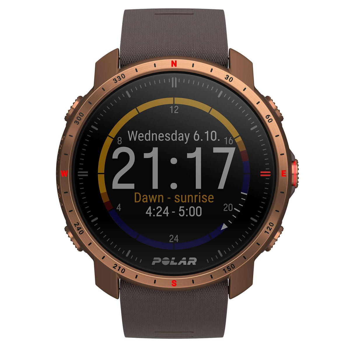 Men's smartwatch front display with large time “21:17” on black dial