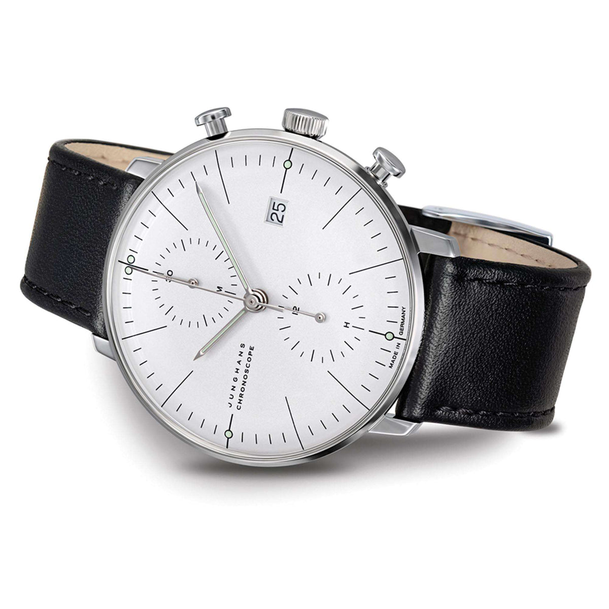 Men's chronoscope watch with white dial, silver case, black leather strap, three subdials