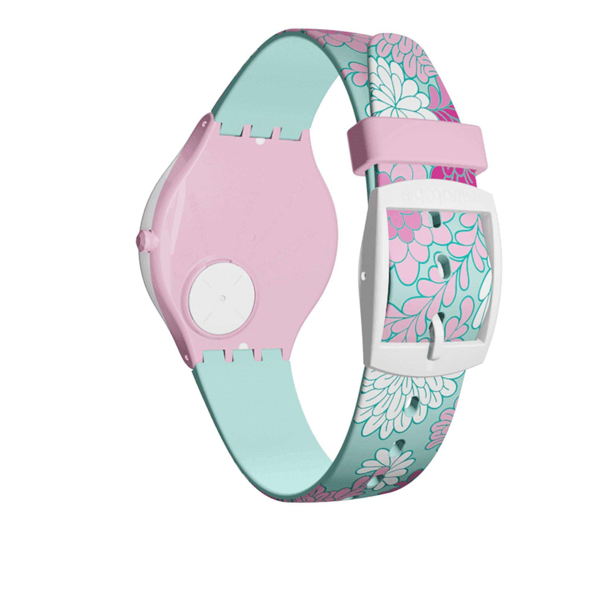 Ladies watch side view with pink case, adjustable strap, and teal/pink flower-pattern band