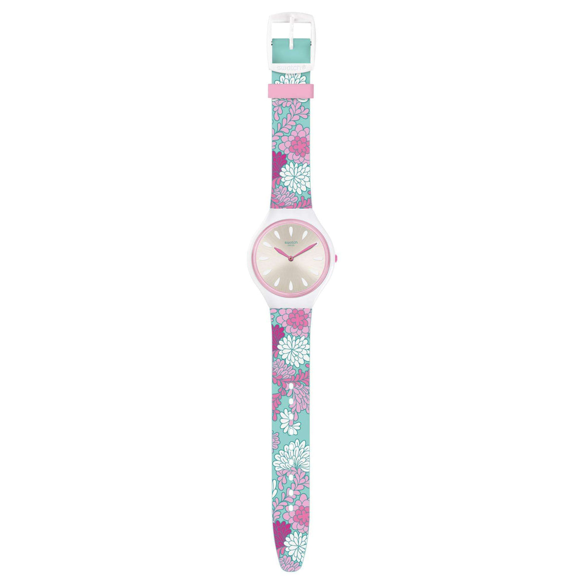 Ladies watch on wrist profile view with teal/pink floral strap and round pink bezel dial