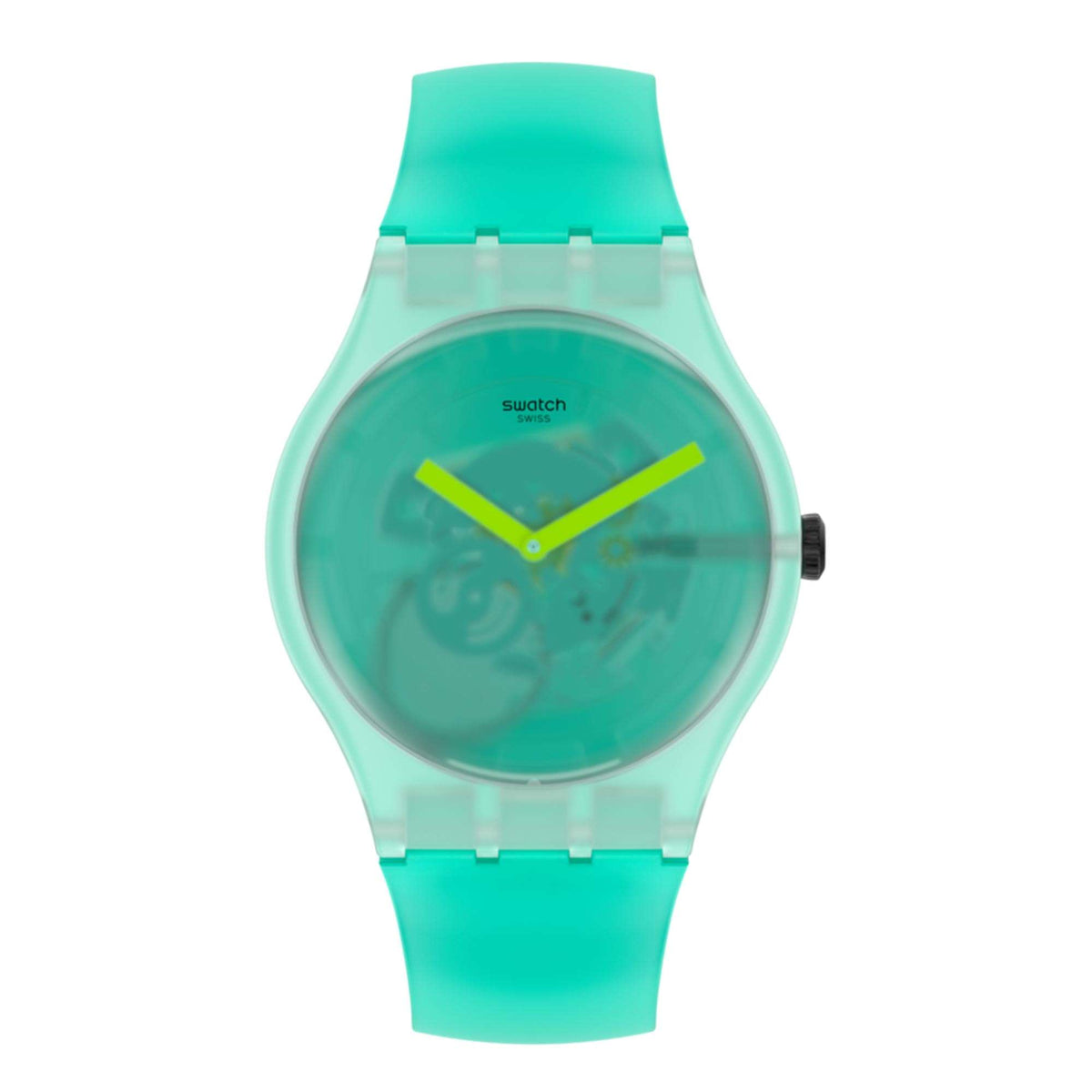 Round teal plastic strap watch with green dial and bright yellow hands