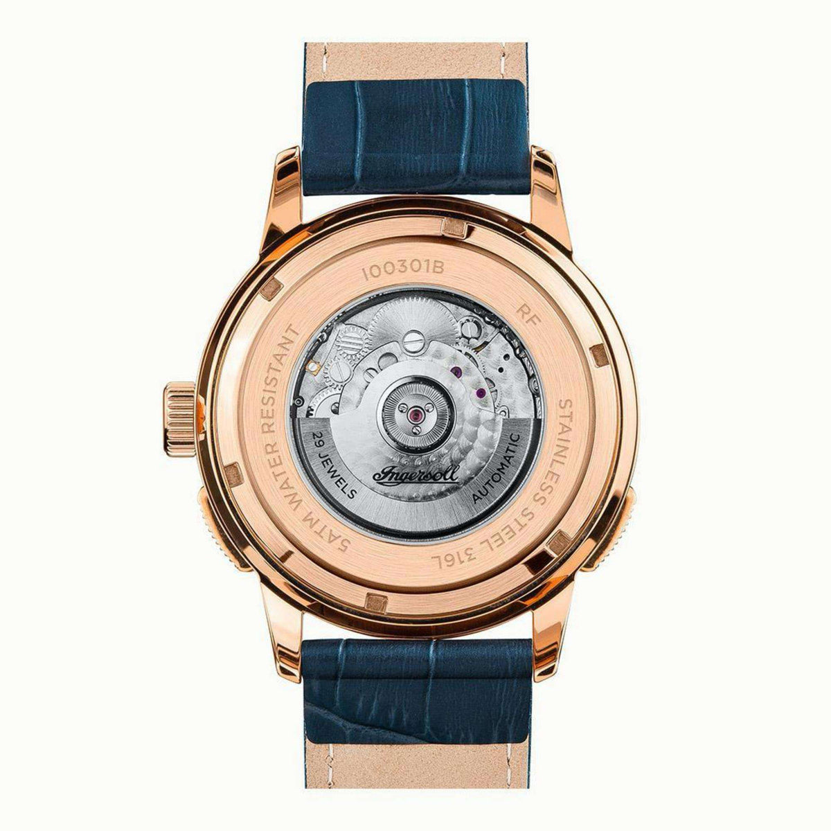 Men's automatic watch, rose-gold case with blue leather strap, see-through caseback.