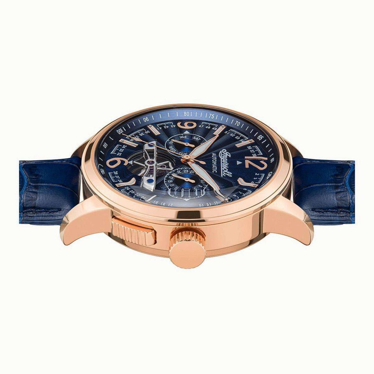 Men's automatic watch, rose-gold case with blue leather strap, blue dial with roman numerals.