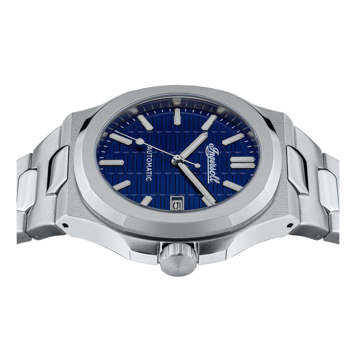 Men's stainless steel automatic watch with blue dial and baton indices