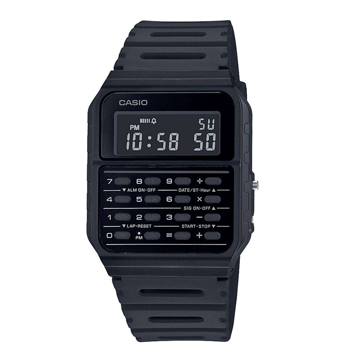 Black calculator-style digital watch with LCD display and black resin strap