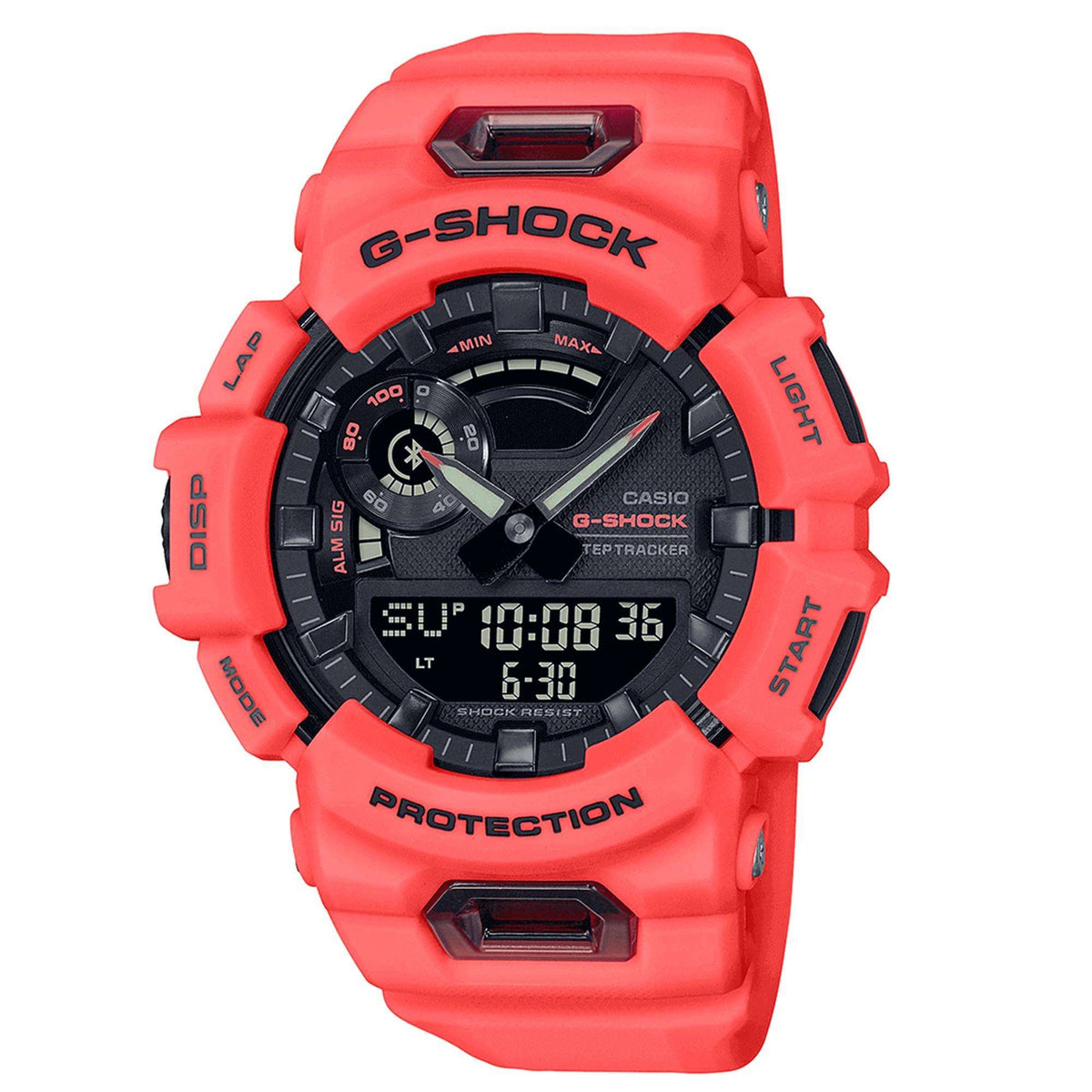Casio G-Shock men’s quartz watch with black dial and red resin PROTECTION strap
