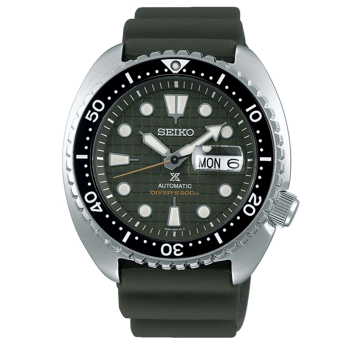 Men's automatic diver watch with green dial and green silicone strap, stainless bezel