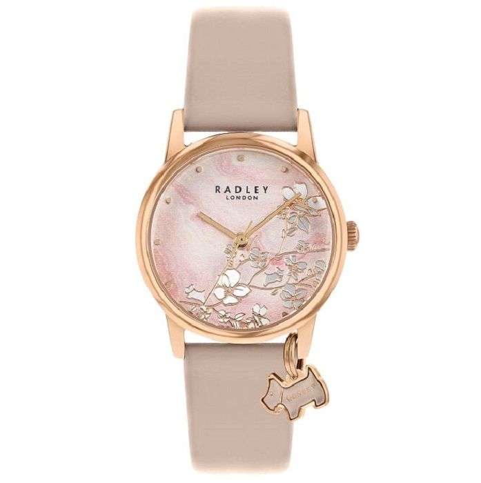 Round ladies watch with blush leather strap, floral pink-purple dial, rose-gold case