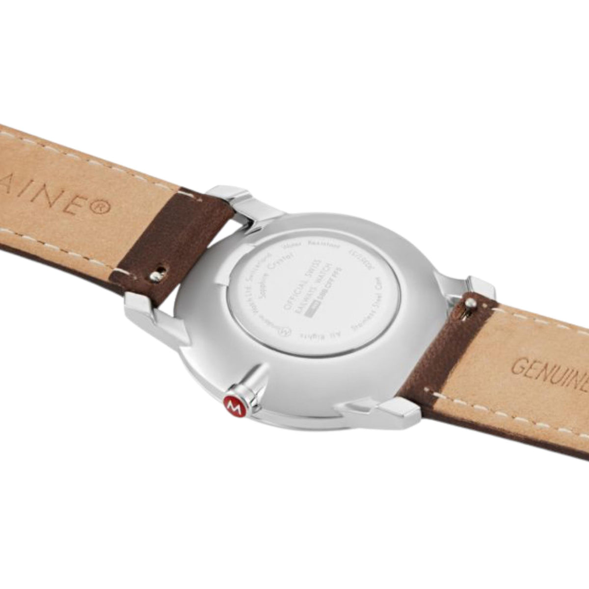 Brown leather watch strap with silver case side and crown, visible caseback engraving