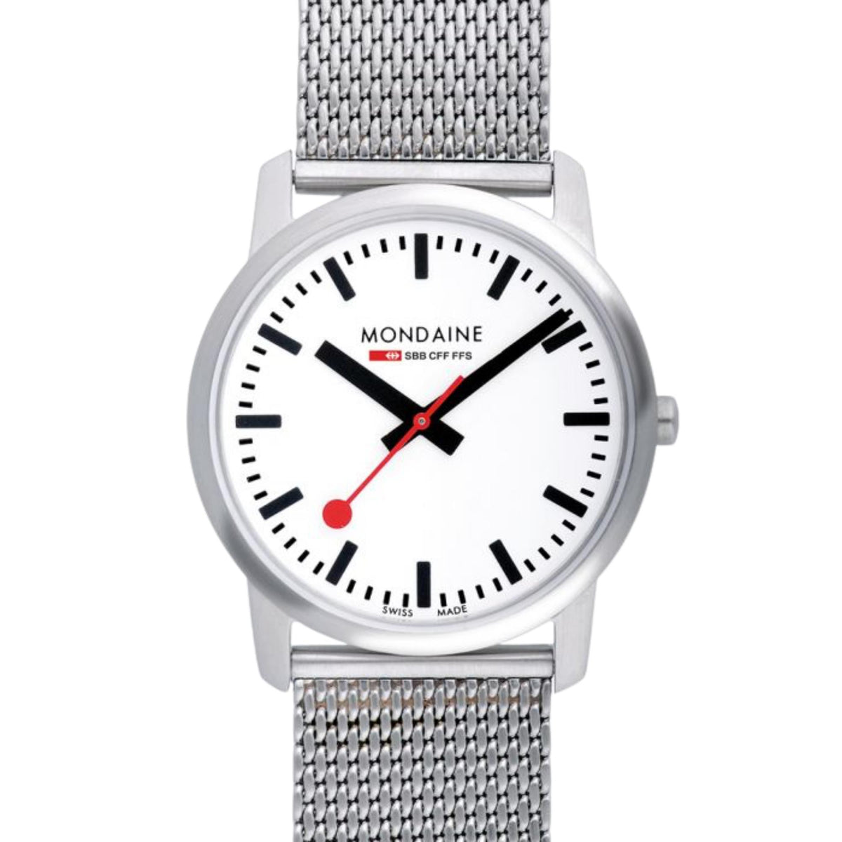 Mondaine Simply Elegant A400.30351.16SBZ classic Swiss watch, close-up highlighting white dial display and silver bezel