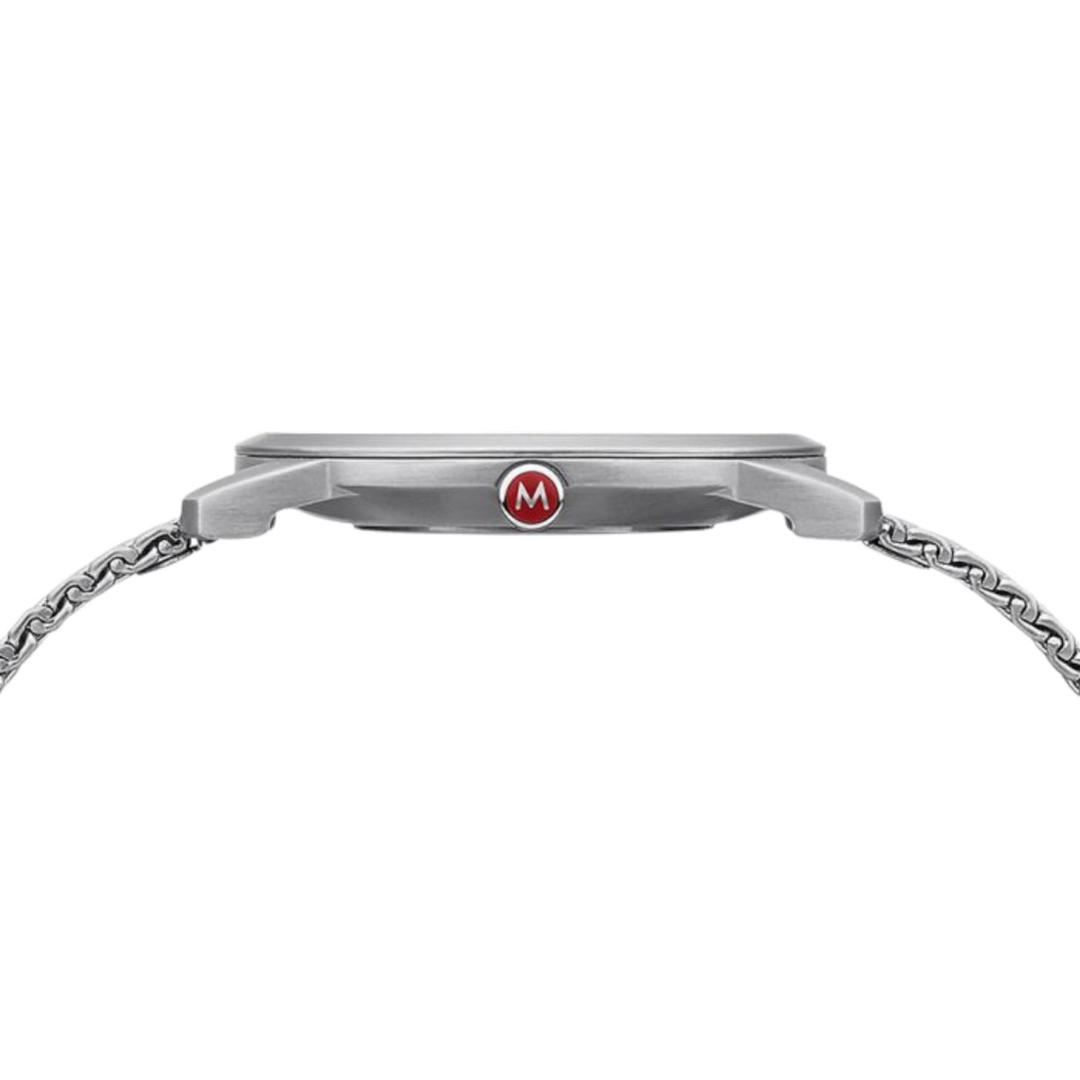 Mondaine Simply Elegant A400.30351.16SBZ ultra-thin timepiece side profile showing slim case and red accent crown