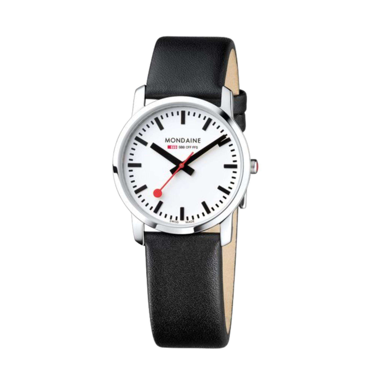 Quartz wristwatch with white dial and red second hand, black leather strap, silver-tone case