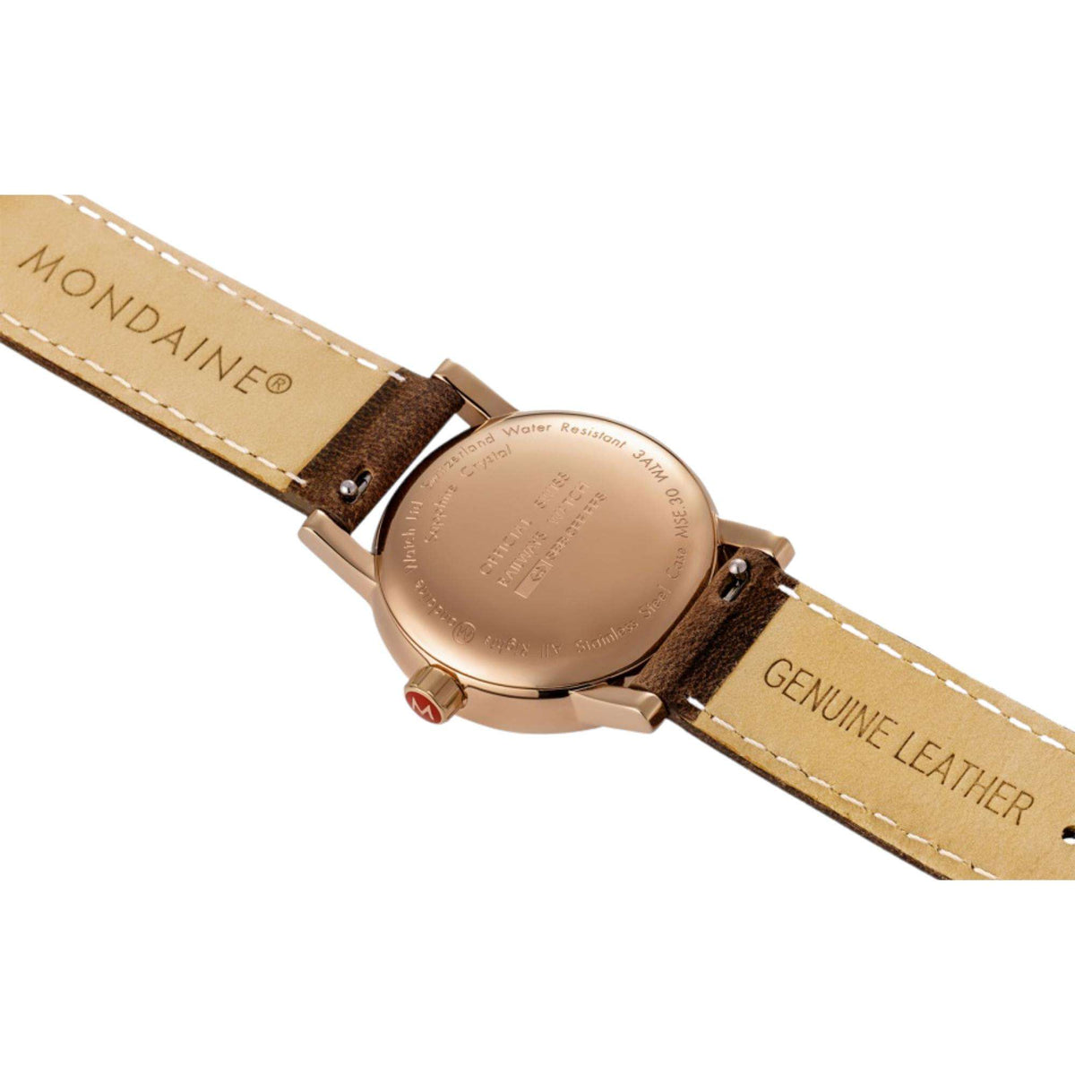 Mondaine quartz leather strap watch with grey-toned dial and rose-gold case