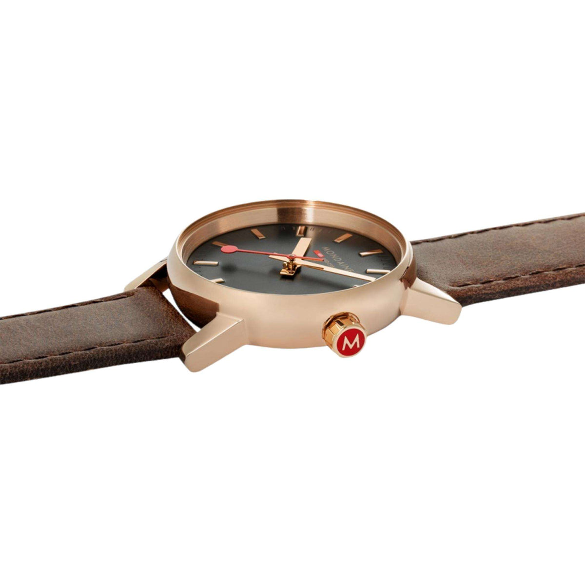 Mondaine quartz watch case with brown leather strap and rose-gold crown