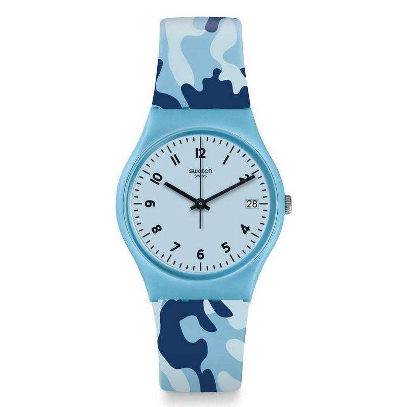 Men's blue camouflage quartz watch with white dial and black hands, silicone strap