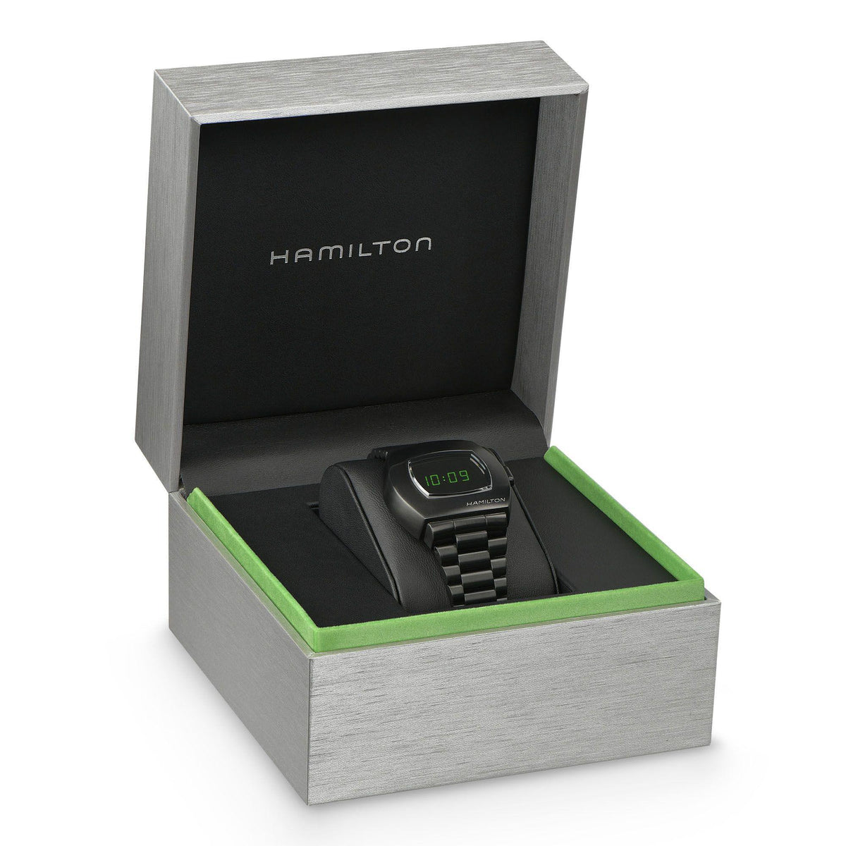 Hamilton watch in open box with black interior and green-trim base