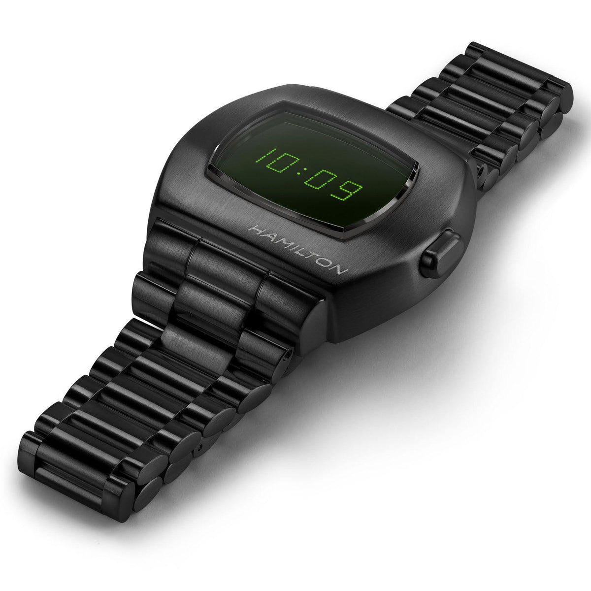 Men's Hamilton digital watch front view, black steel bracelet with green LCD time