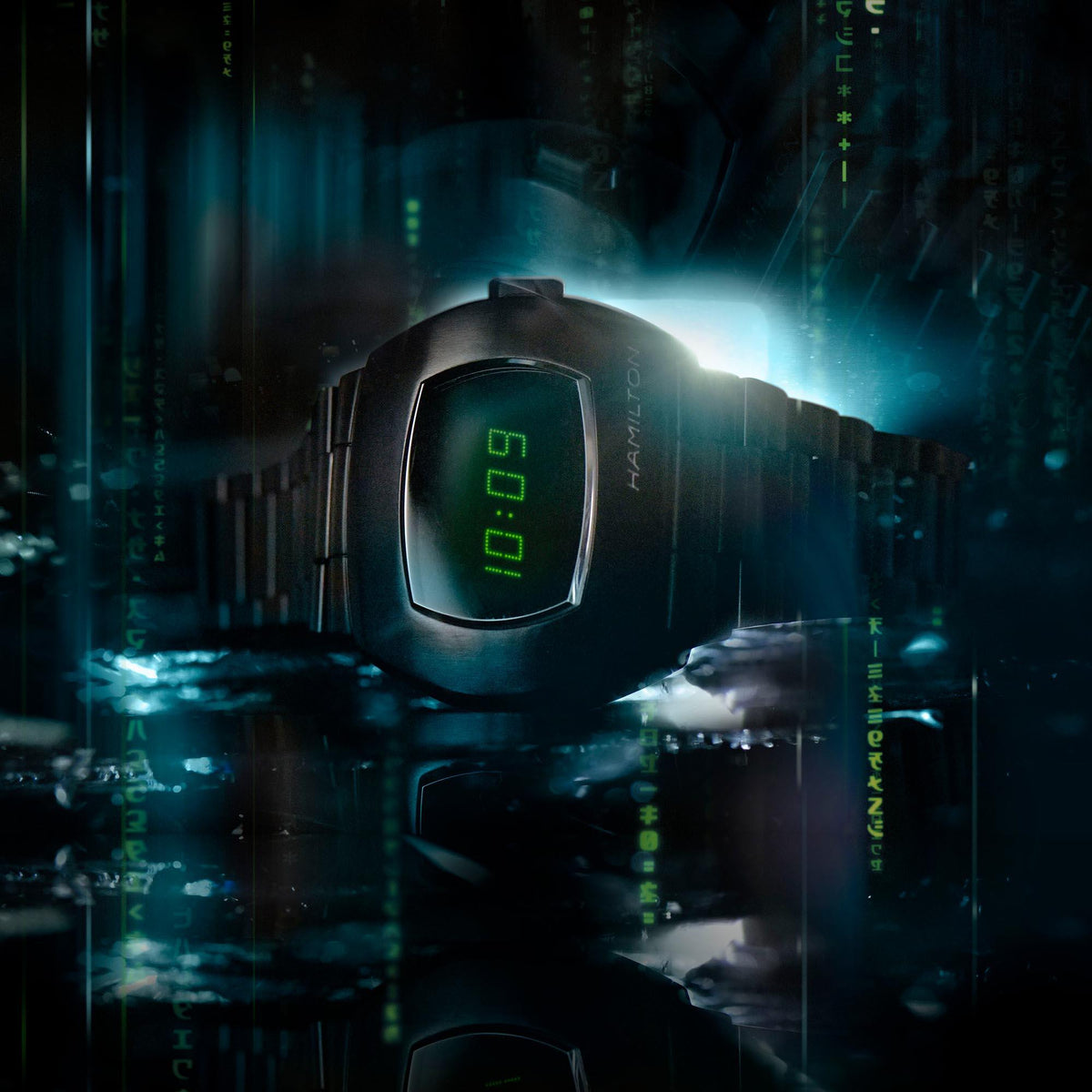 Black digital mens quartz watch with green LED time display and steel bracelet