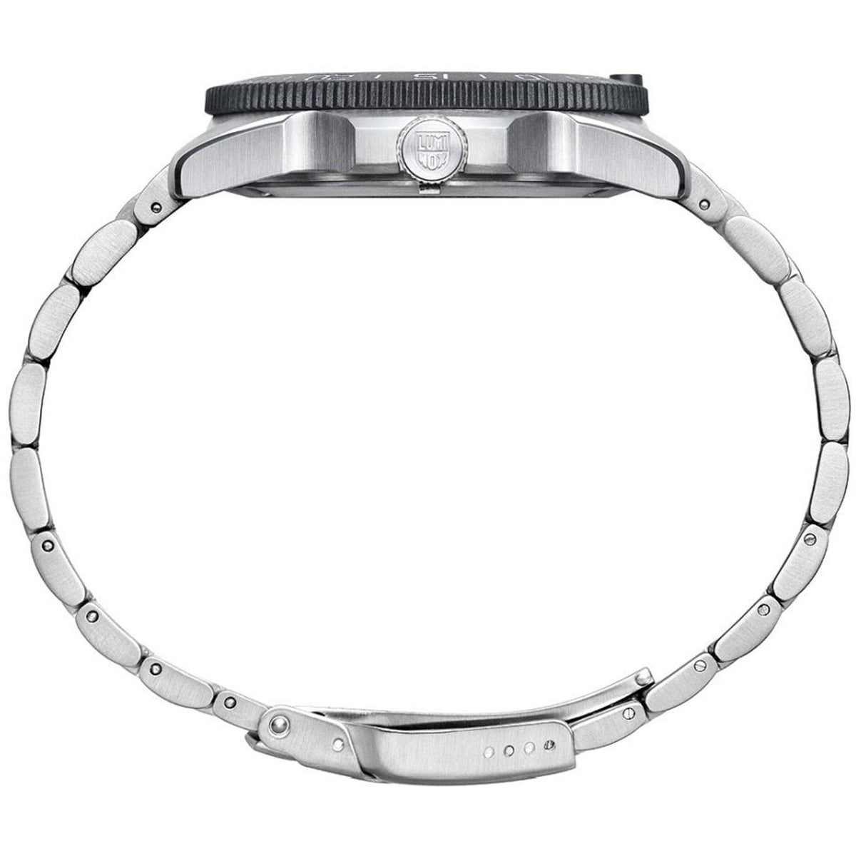 Stainless steel watch bracelet with hinged clasp and engraved caseback emblem