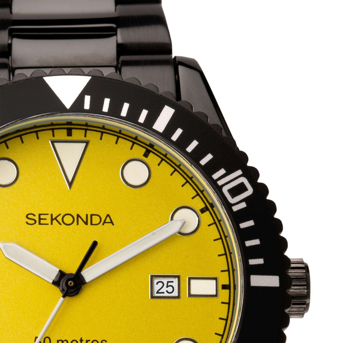 Sekonda dive watch close-up: yellow dial, black bezel markers, and date window.