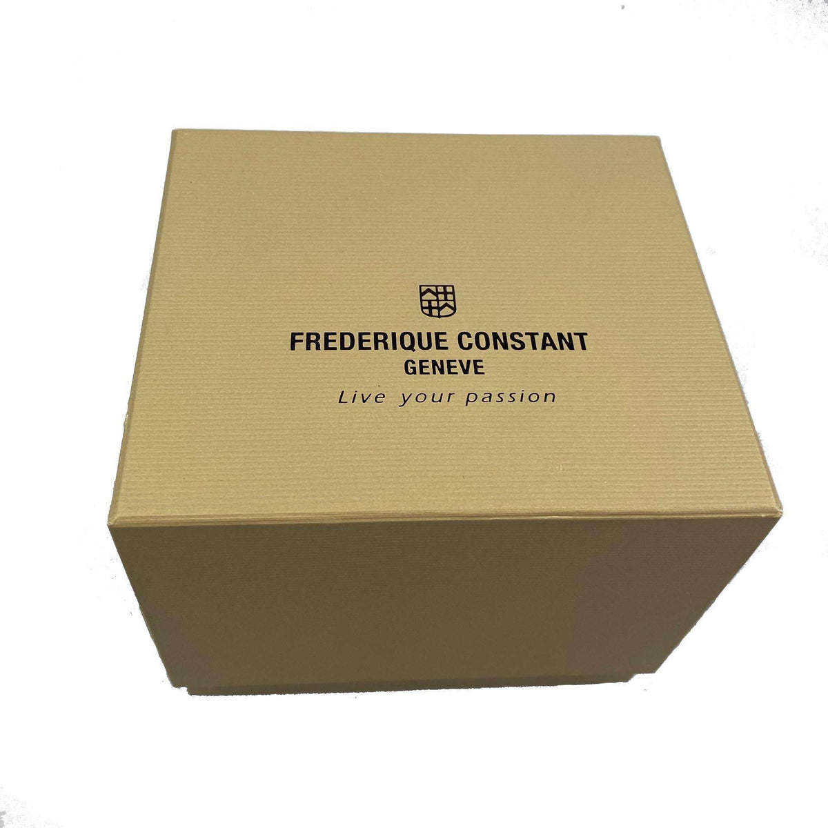 Cardboard watch box with Frederique Constant logo and 'Live your passion' text