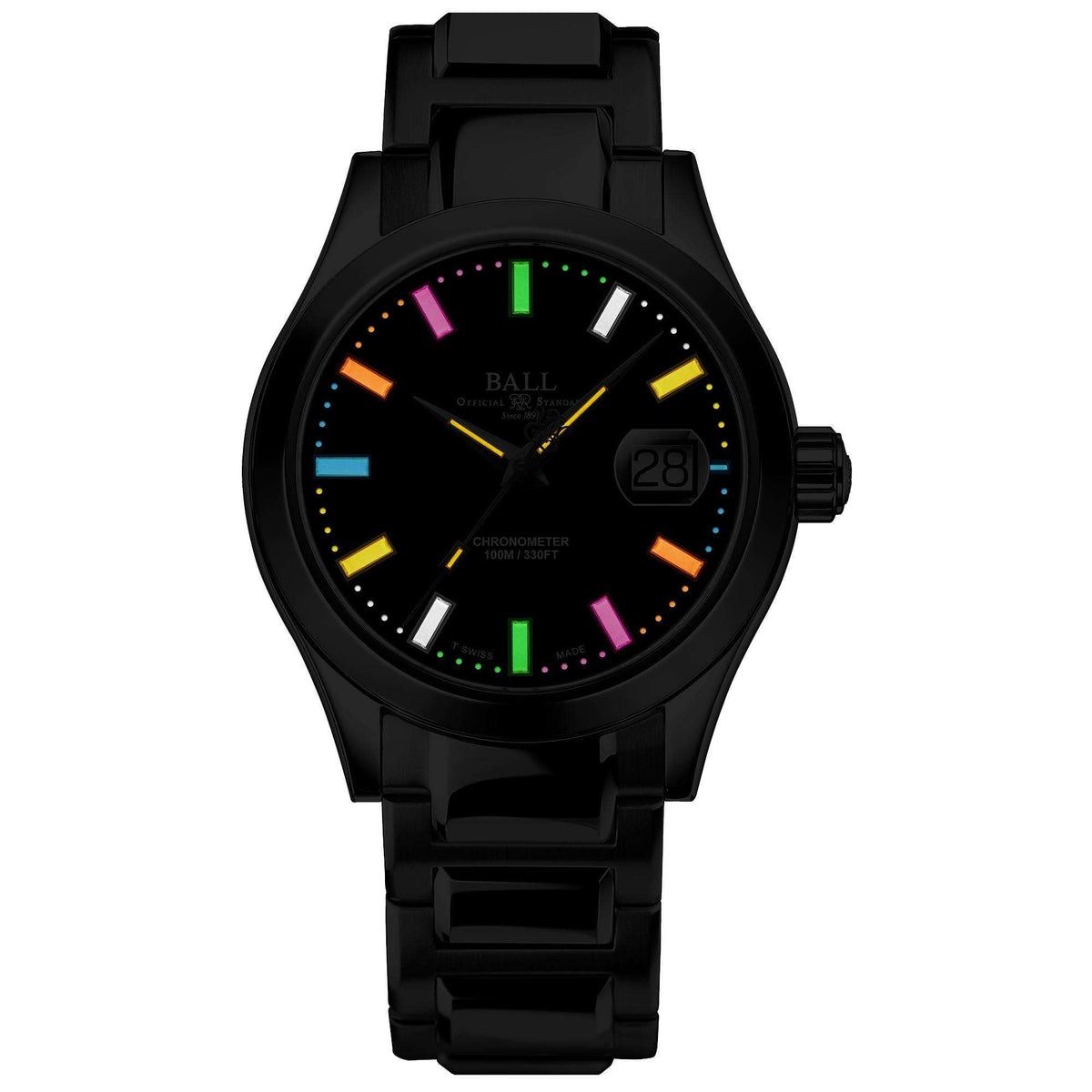 Men's black wristwatch with black dial, multicolor luminous indices, and date window