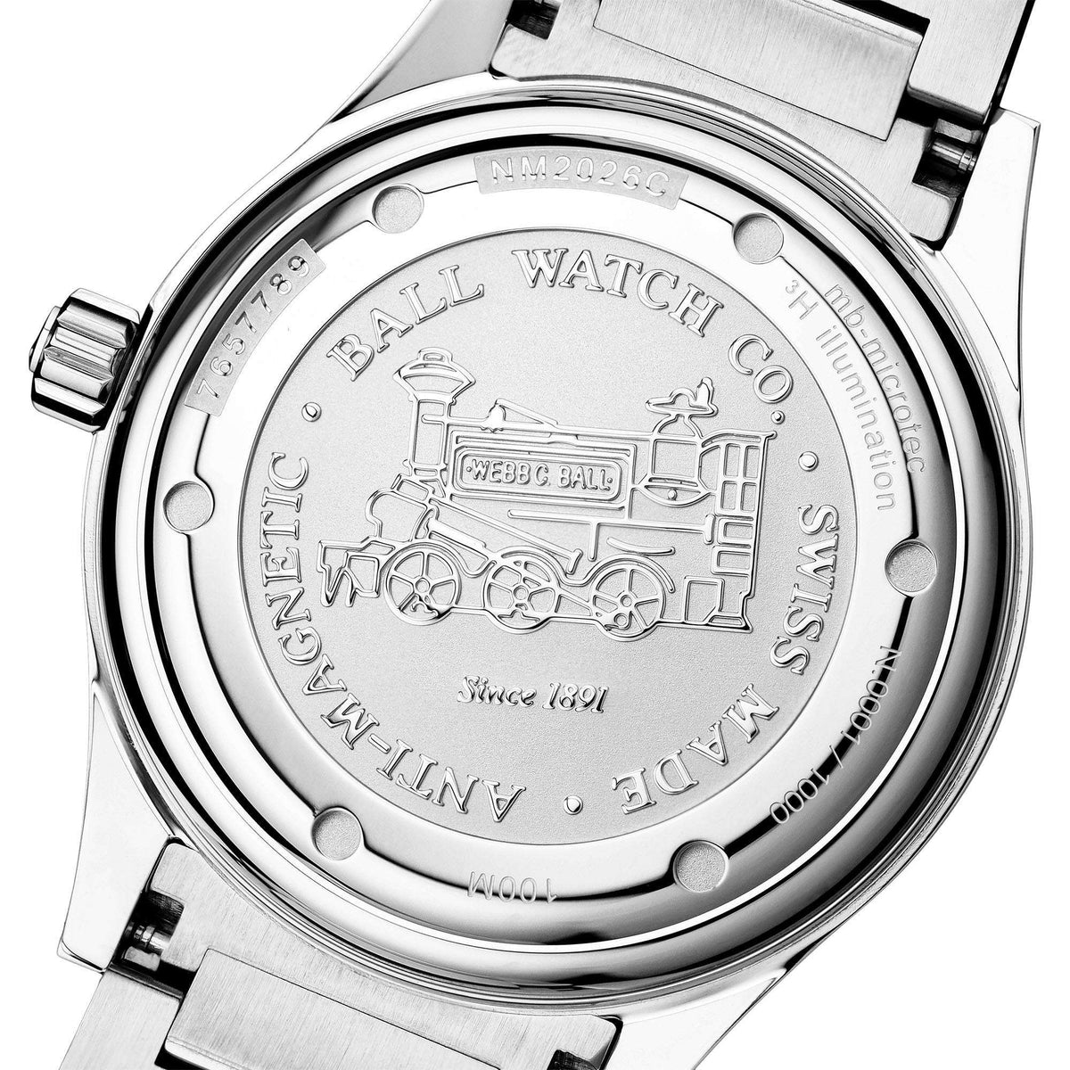 Stainless steel caseback with engraved 'BALL WATCH CO' and watch design