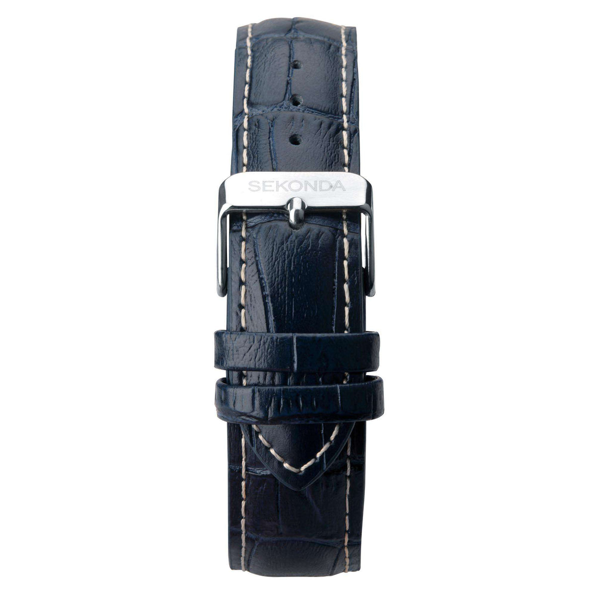 Men's blue leather strap watch with stitched strap and metal buckle clasp