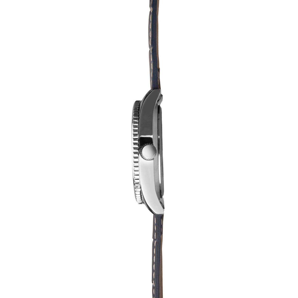 Blue leather strap watch case side view with ridged crown and pushers