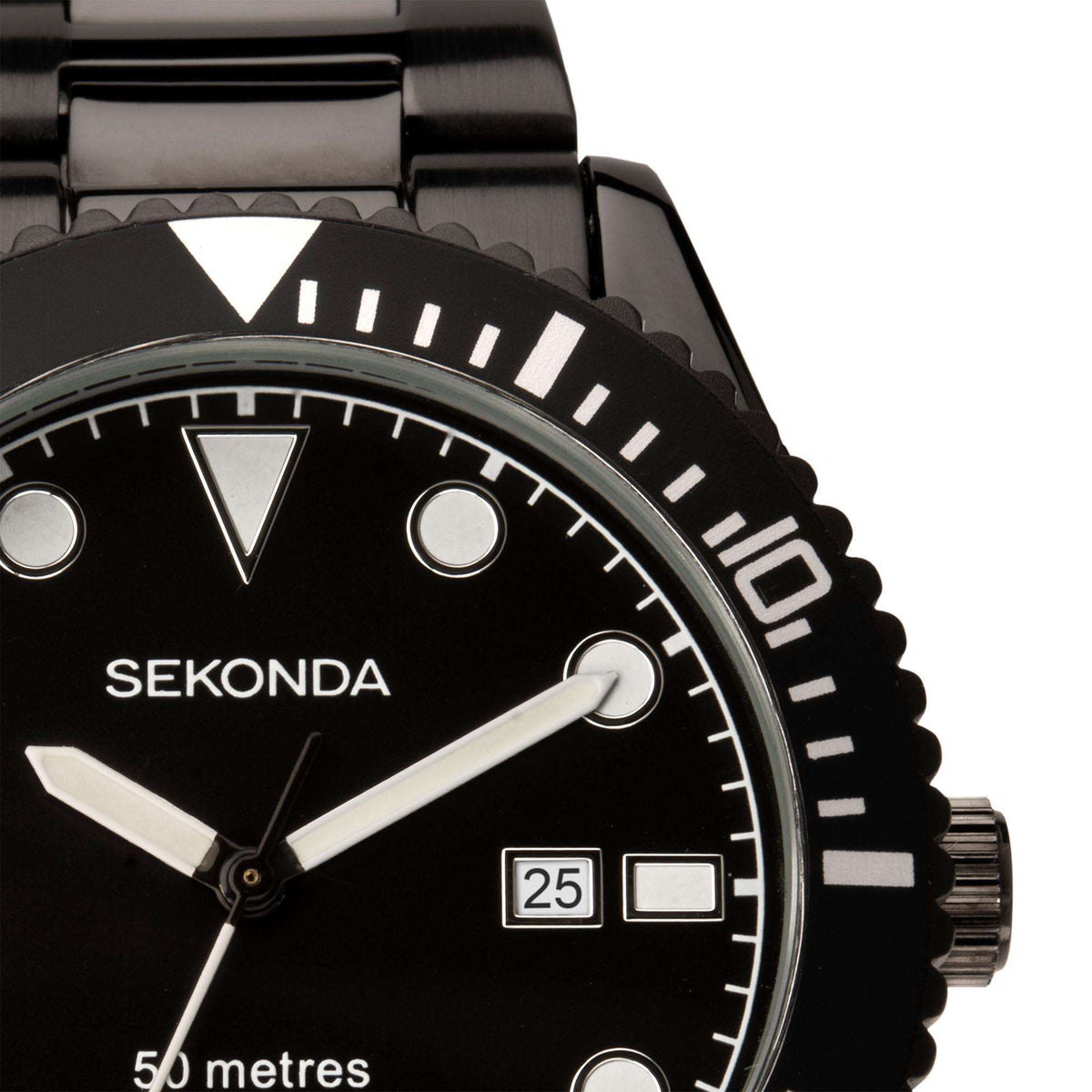 Black dial sports watch with date window, marker indexes, and silver hands