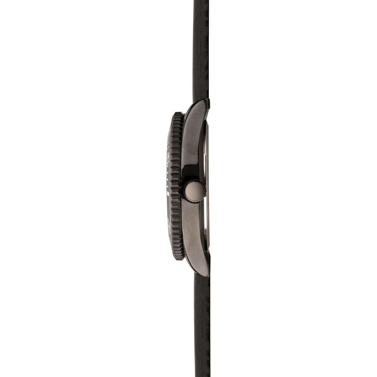 Black sport watch case side with ridged bezel edge and round crown