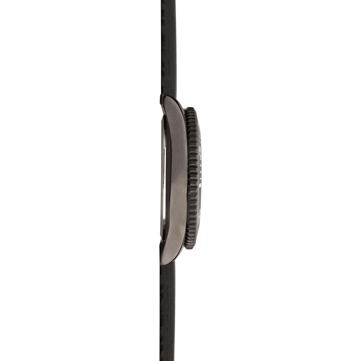 Black watch case profile with ridged bezel ring and crown